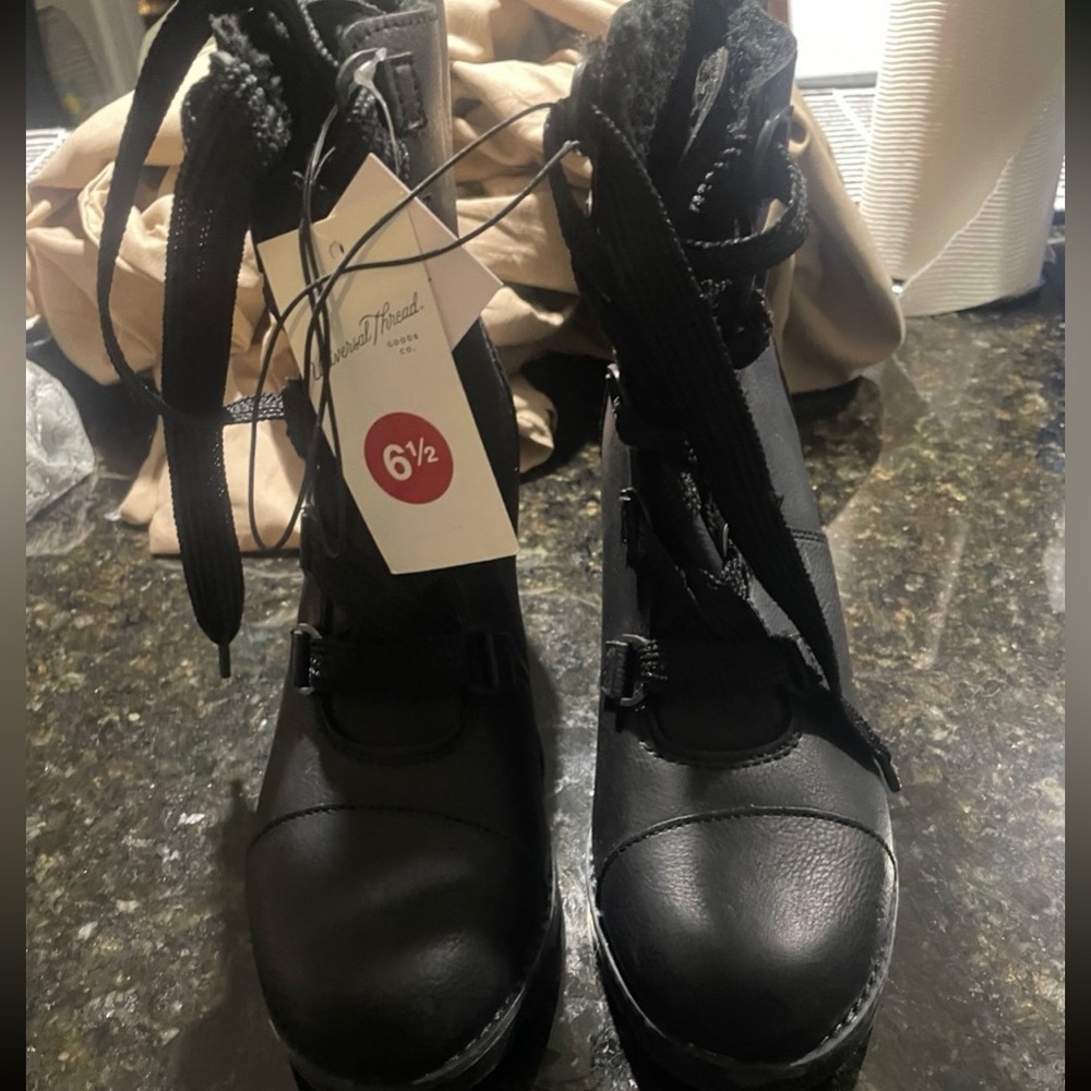 Black wedge boots, never worn, women’s 6.5